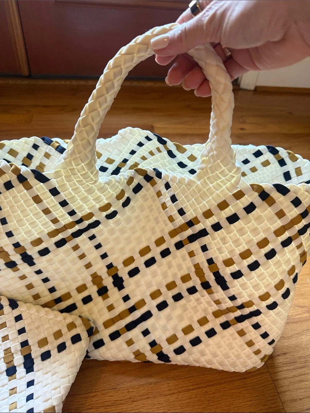 NAGHEDI Woven Plaid Tote Bag with Matching Pouch - Cream, Navy & Mustard